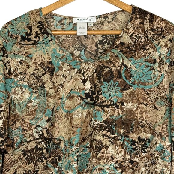 Coldwater Creek Womens Floral Print Top 1X Brown Teal V-Neck Polyester Stretch - Picture 2 of 9